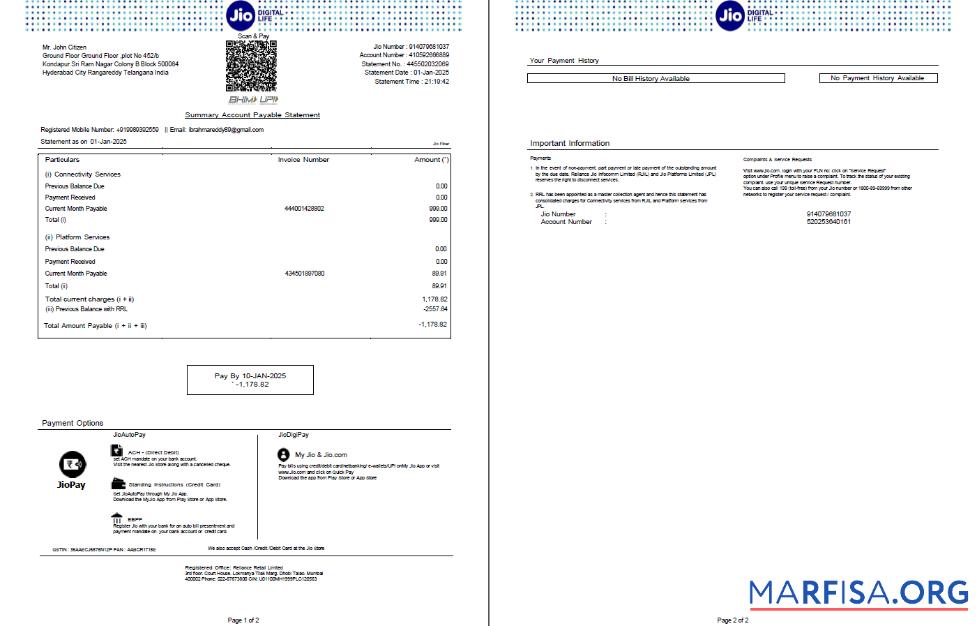 Blank India Jio Digital Life utility bill template in Word and PDF formats, 2 pages, version 3